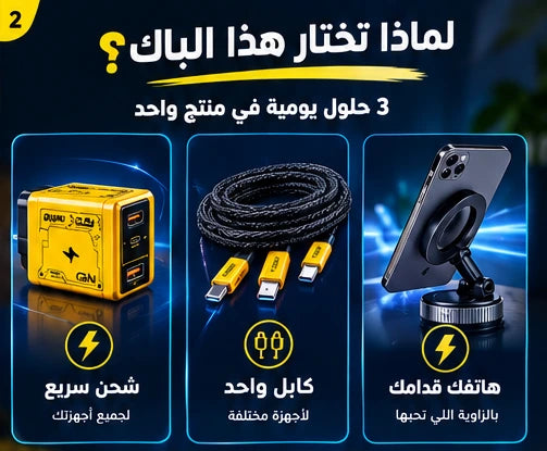 Pack شحن ذكي 3 في 1 – شاحن GaN 120W + كابل 4 في 1 + حامل مغناطيسي 360°