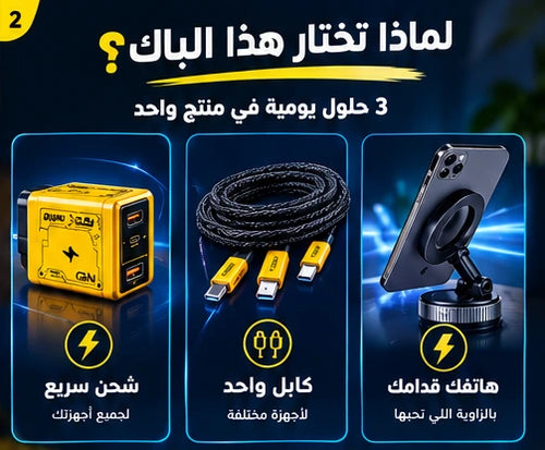 Pack شحن ذكي 3 في 1 – شاحن GaN 120W + كابل 4 في 1 + حامل مغناطيسي 360°