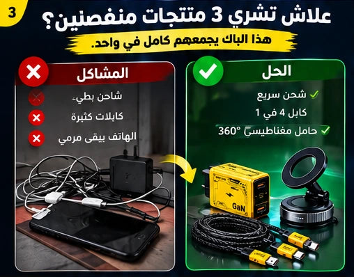 Pack شحن ذكي 3 في 1 – شاحن GaN 120W + كابل 4 في 1 + حامل مغناطيسي 360°